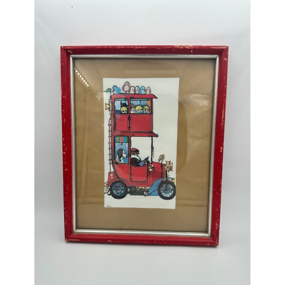 Vintage Patrick Signed Red Double Decker Car Illustration Framed Pop Art Nursery